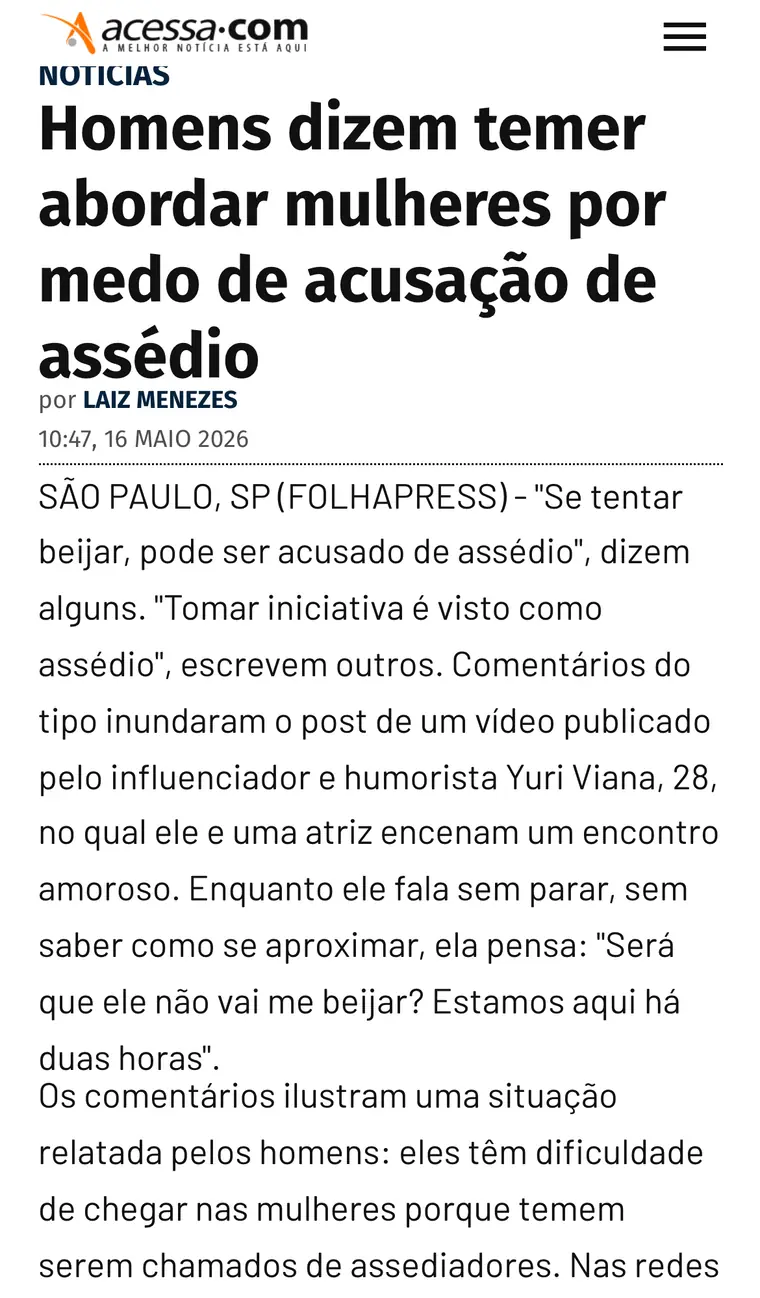 acessa.com · Homens dizem temer abordar mulheres por medo de acusação de assédio