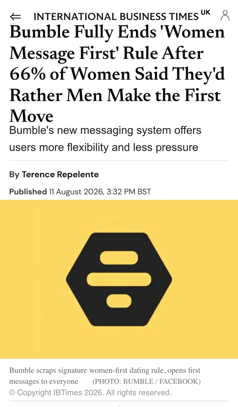 IBTimes UK · Bumble encerra a regra da mulher falar primeiro